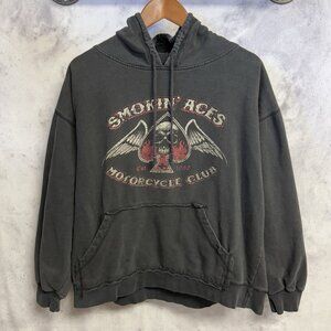 Vintage Smokin Aces Motorcycle Club Hoodie Sweatshirt XL 25.5x23 Black Grunge